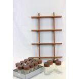 Danish wooden Spice rack with 16 original wooden topped glass jars, marked Digsmed Denmark C 1964