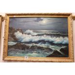 P Cosslett oil on board Moonlight Breakers signed to lower right