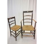 19th century Oak and Elm Country Elbow Chair, the ladder back with carved bobbin rails and string