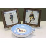 Pair of wooden framed Delft style tiles and a heatable ceramic Child's plate