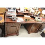 Stained Pine Large Twin Pedestal Desk with Over-structure