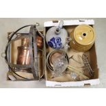A quantity of antique copper ,glassware ,stoneware, wicker bottle holder and a game hanger.