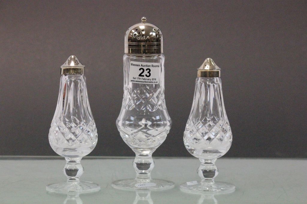 Waterford Crystal sugar shaker, salt & pepper set with silver plated fittings