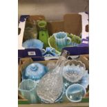 Two boxes of vintage pressed glass etc, mainly in Blue/ Aquamarine