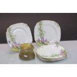 Set of six Royal Albert "Greenwood Tree" plates and an Art glass vase with bark effect pattern
