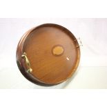 Oval wooden gallery tray with brass handles & inlaid shell cartouche to centre