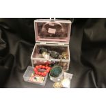 Jewellery Box with Mixed Costume Jewellery, Glass Pendants, Espana 82 Tie Slides, etc