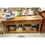 Hardwood Long Console Table with Three Drawers, circular pierced apron and shelf below