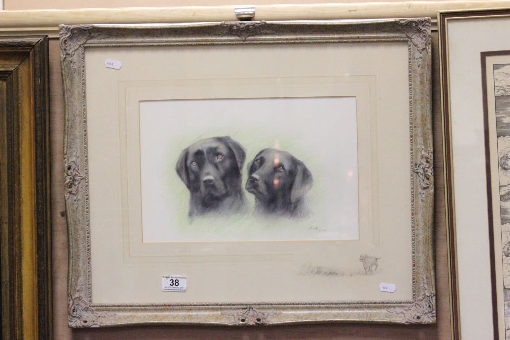 Framed & glazed Pastel of a pair of dogs, signed by the Artist