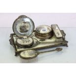 Vintage vanity set to include brushes, tray, pots and a clock, all with Oriental theme