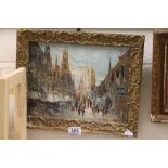Oil on canvas of impressionist street scene with figures