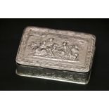 A Spanish silver 915 snuff box, repousse and embossed idyllic classical scene to lid, laurel leaf