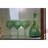 Cut glass Decanter with green flash overlay and six glasses