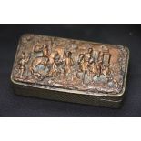 A hinged box and cover, the copper lid with cast hunting scene in relief, riders on horseback,