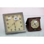 Art Deco style desk clock and a leather cased travel clock from the same era