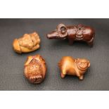 Four Chinese Small Wooden Carved Animal Netsukes