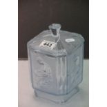 Art Deco pressed glass lidded jar with Classical theme