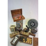 Tray of mixed collectables to include tins, Brass weight set, cast Iron kettle, dominoes etc