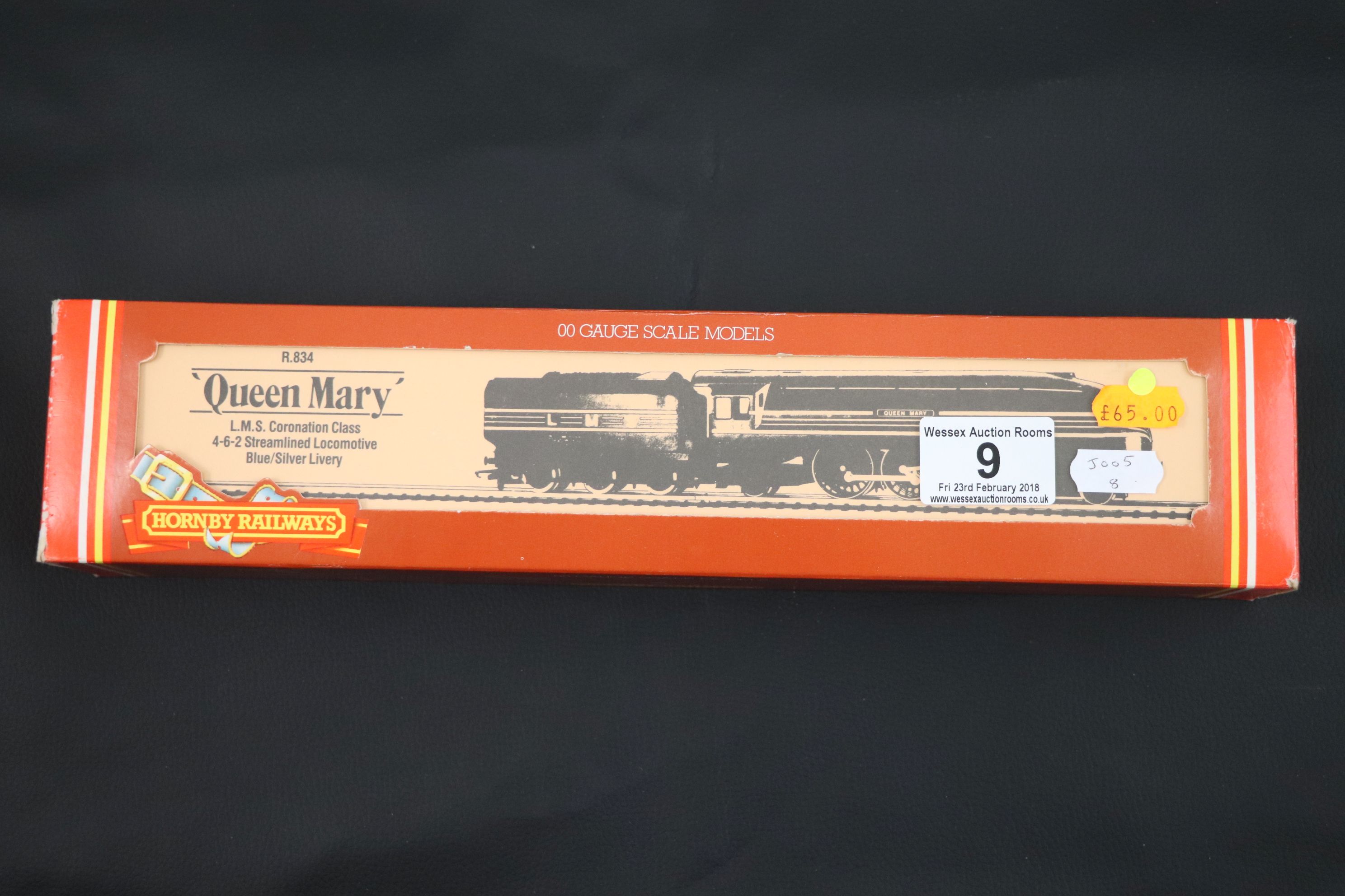 Boxed Hornby OO gauge R834 Queen Mary LMS Coronation Class 4-6-2 Streamlined Locomotive blue/