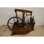 Stationary wooden, brass & metal steam engine, unmarked, 14" x 8" approx