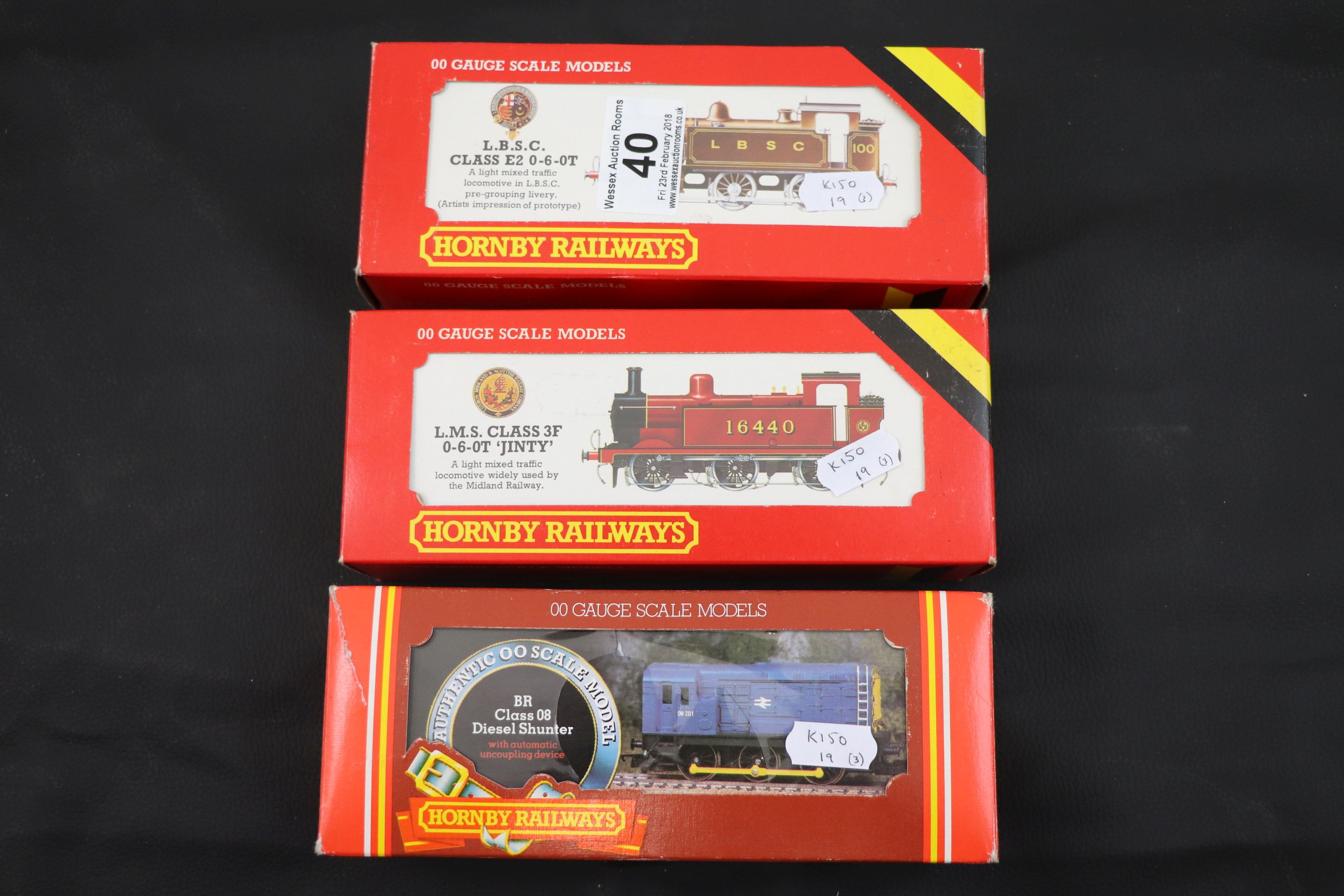 Three boxed Hornby OO gauge engines to include R052 LMS 0-6-0T Jinty Locomotive, R353 LBSC 0-6-0T