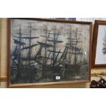 Black & white framed pint of a line of vintage sailing ships