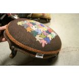 Victorian Oval Footstool with Woolwork Upholstered Seat and Scroll Carved Legs