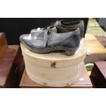 Vintage pair of leather & wood Clogs and a hatbox containing various vintage clothing etc to include