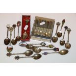 Box set of Meka/Denmark enamelled finial spoons plus quantity of silver & EPNS souvenir spoons (15)