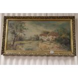 Gilt framed Oil painting of a Mill in a rural setting, signed by the Artist