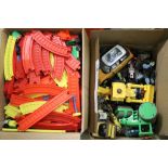 Three boxes of mixed toys to include Diecast cars and wooden train set etc