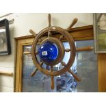 Fruit Wood Ship's Wheel with Blue Glass Ball
