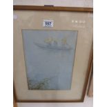 Oriental watercolour / pastel water scene with Oriental punt & figure signed J Keishu c1900