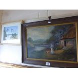 Oak framed naive oil on canvas of a woman outside a cottage with blue bells plus a framed & glazed