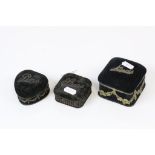 Two Victorian velvet & brass boxes marked 'Studs' and another heart-shaped marked 'pin' (3)