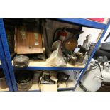 Two Shelves of Mixed Vintage Items including Wooden Coal Box, Scales, Brass Blow Torches, Fire
