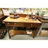 Waring & Gillows Late Victorian Mahogany Inlaid Hall Table with Upstand, Two Drawers and Shelf