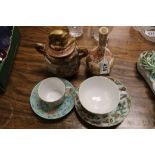 Two Chinese Export Cups and Saucers, heavily decorated together with Vintage Japanese Satsuma Vase