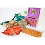 Box of Oriental items including Child's Kimono, Roll of Silk, Jewellery Box and Boxed Brocade