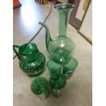 Victorian Green Glass Jug and Four Glasses plus a Wine Pourer