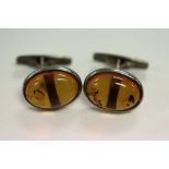 Pair of Gent's Silver & Amber Oval Cufflinks with Swivel Bars