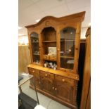 Modern Pine Dresser, the upper section with open shelves and drawer flanked by Two Glazed Shelves