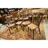 Pair of Victorian Elm Seated Lathe Back Kitchen Chairs together Stickback Chair and a Hoop Back