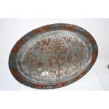 Persian White Metal Oval Tray engraved in Blue and Red with scene of Hunters chasing Animals