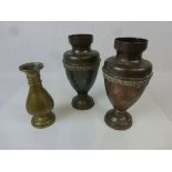 Pair of copper vases & a brass baluster vase