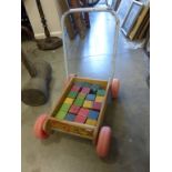 Vintage Mothercare Wooden Child's Push-along Trolley with Various Wooden Building Blocks