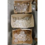 Three boxes of vintage drinking glasses, decanters etc to include Crystal
