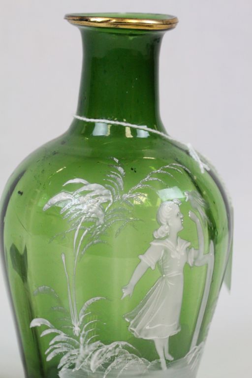A Victorian Mary Gregory green glass vase with white enamelled garden scene of girl with bird, - Image 2 of 4