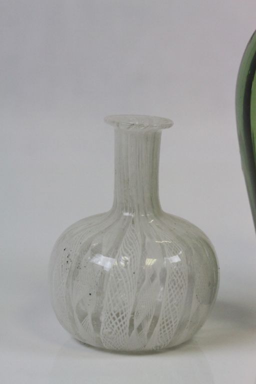 A Victorian Mary Gregory green glass vase with white enamelled garden scene of girl with bird, - Image 3 of 4