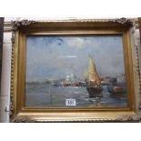 Gilt framed oil on board A View of Venice with sailboats off shore